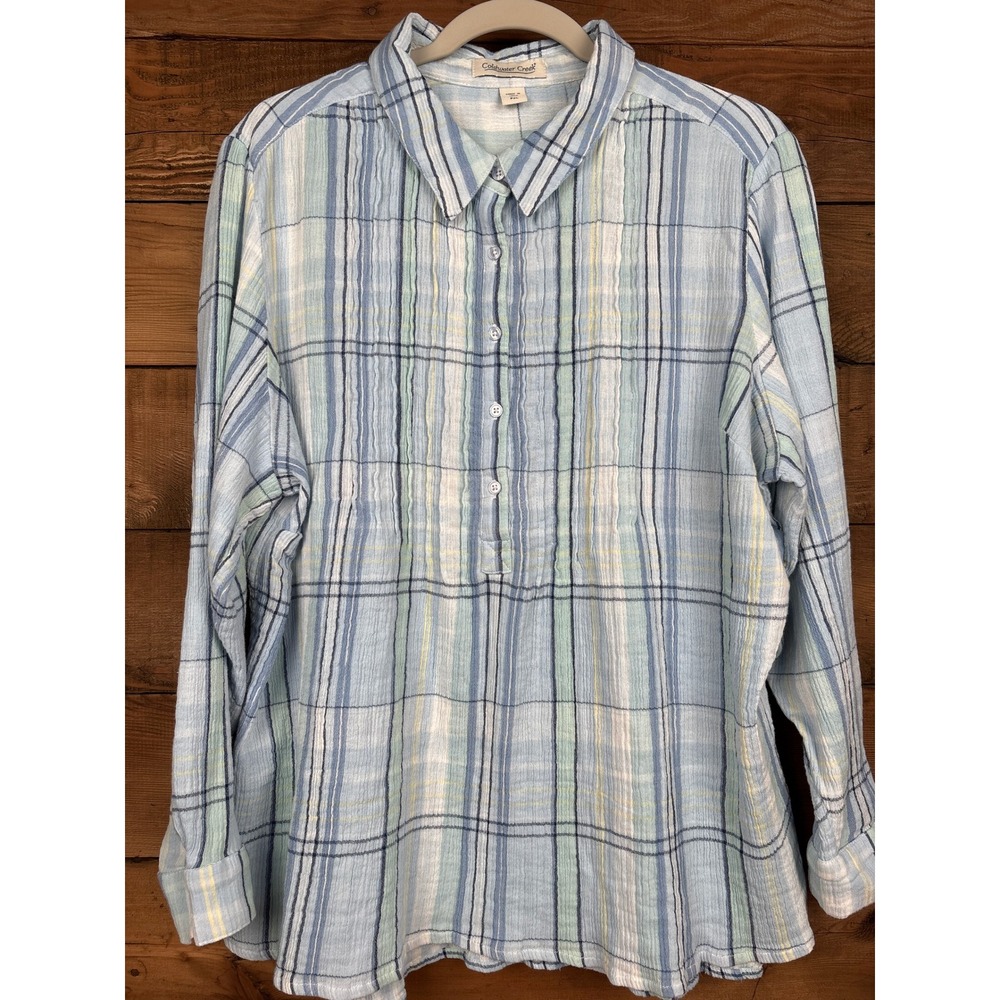Coldwater Creek Tunic Blouse Womens PXL Plaid Gauze Pintuck Boho Pullover
